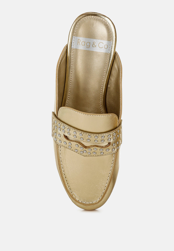 stud detail metallic pleather mules by ruw#color_gold