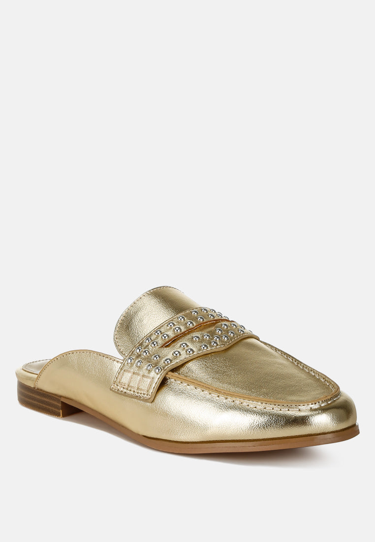 stud detail metallic pleather mules by ruw#color_gold