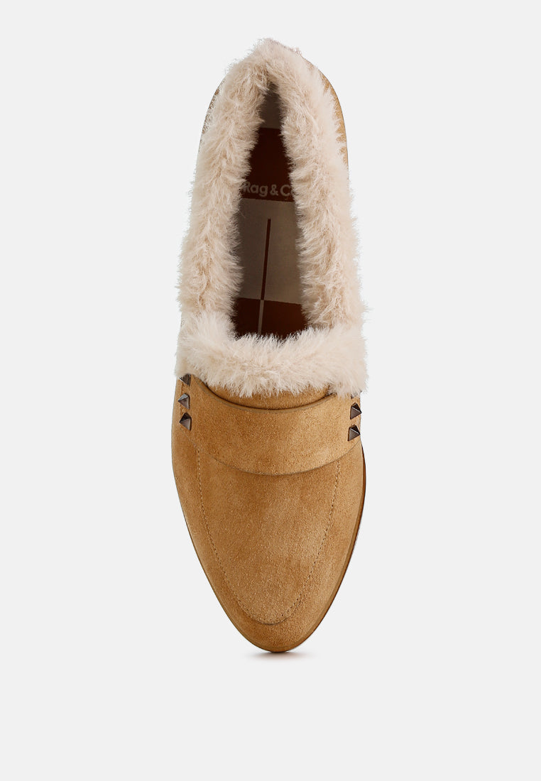 fur trim suede loafers by ruw#color_beige