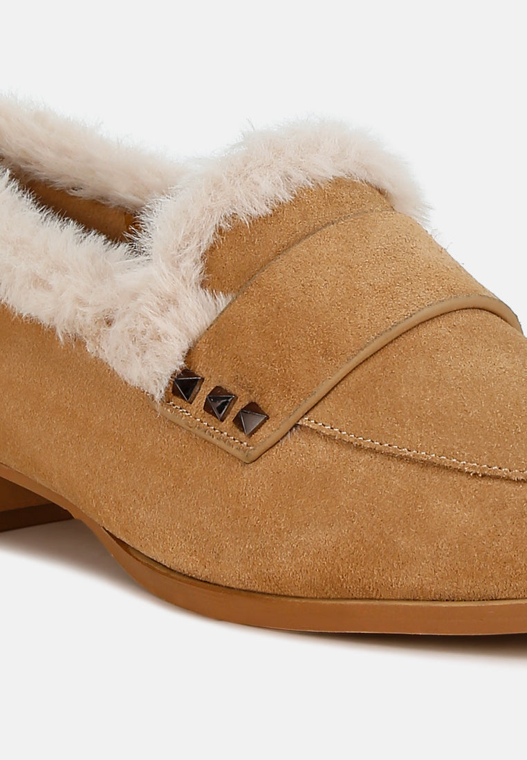 fur trim suede loafers by ruw#color_beige