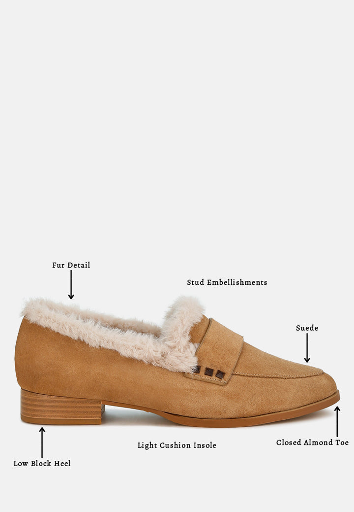 fur trim suede loafers by ruw#color_beige