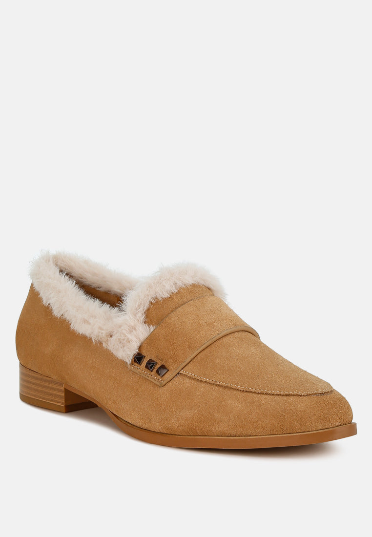 fur trim suede loafers by ruw#color_beige