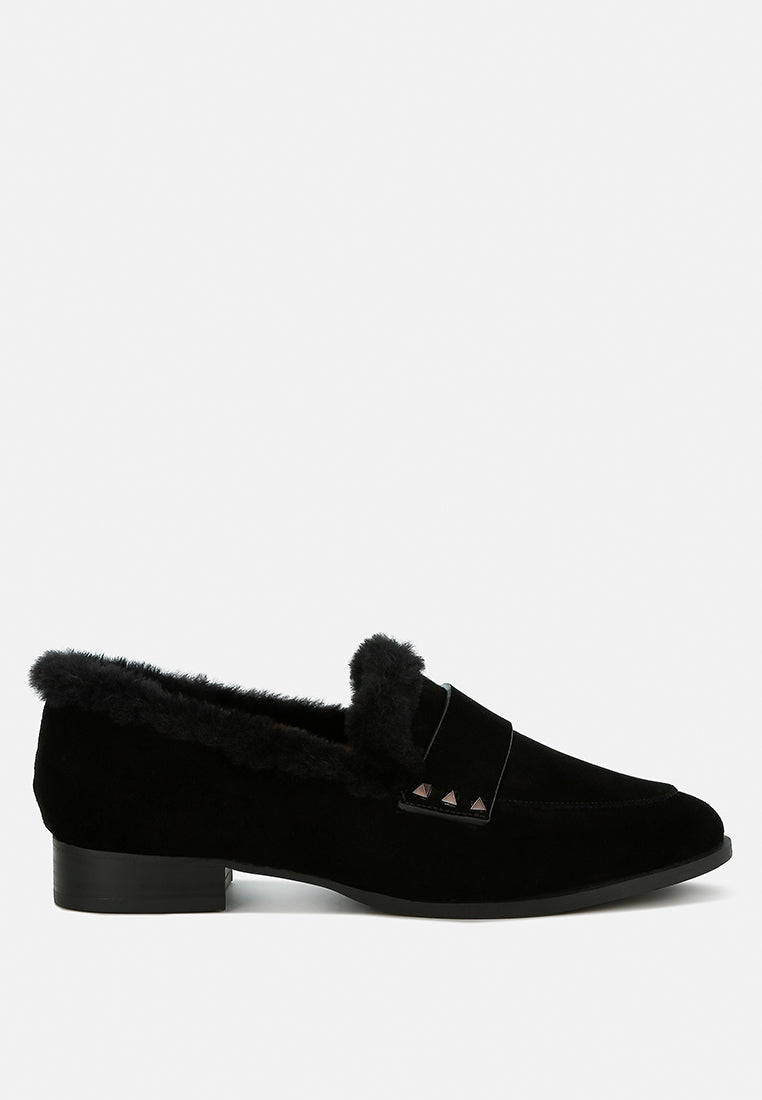 fur trim suede loafers by ruw#color_black