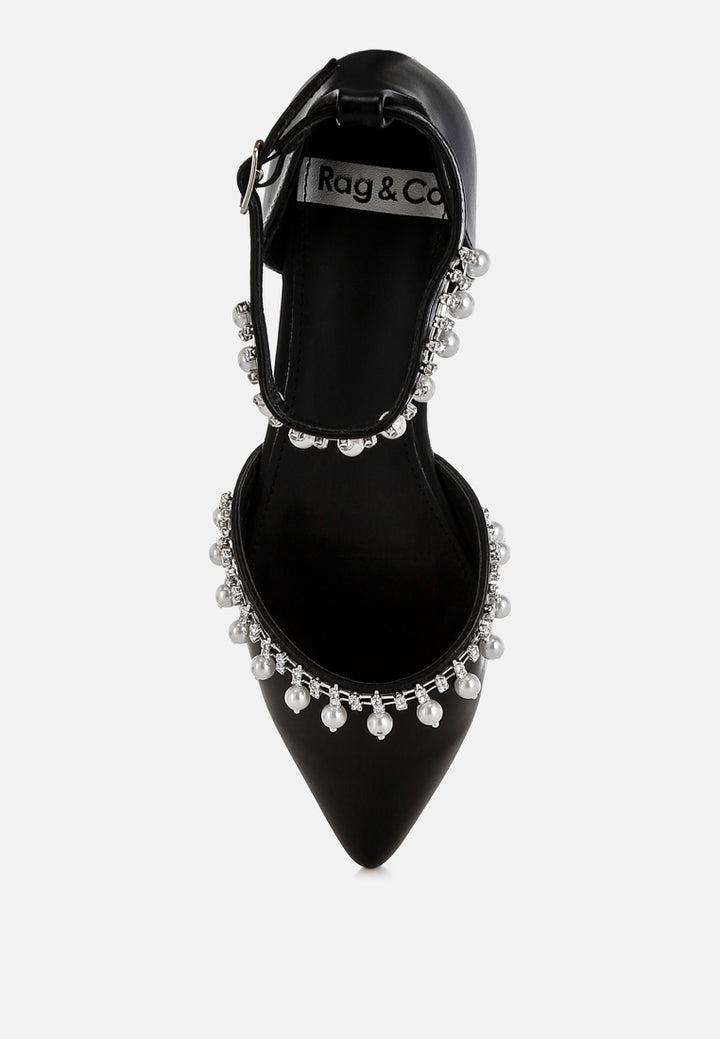 rhinestone & pearl ankle strap flat sandals by ruw#color_black