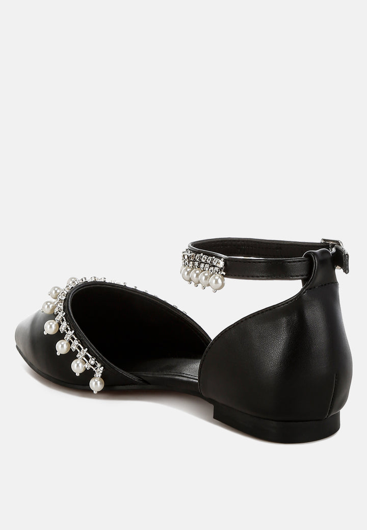rhinestone & pearl ankle strap flat sandals by ruw#color_black