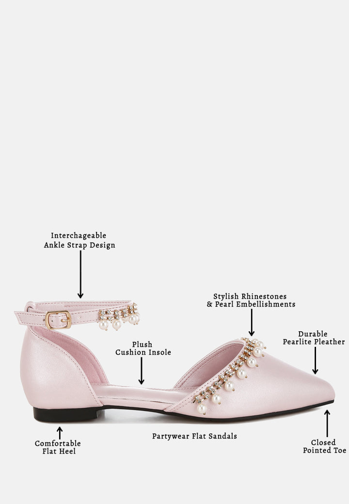 rhinestone & pearl ankle strap flat sandals by ruw#color_pink