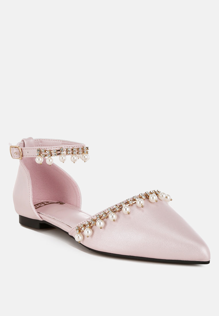 rhinestone & pearl ankle strap flat sandals by ruw#color_pink