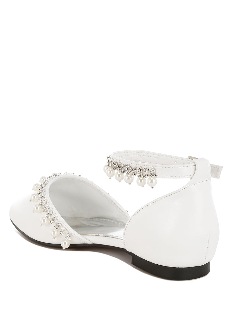 rhinestone & pearl ankle strap flat sandals by ruw#color_white