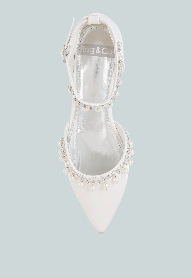 rhinestone & pearl ankle strap flat sandals by ruw#color_white