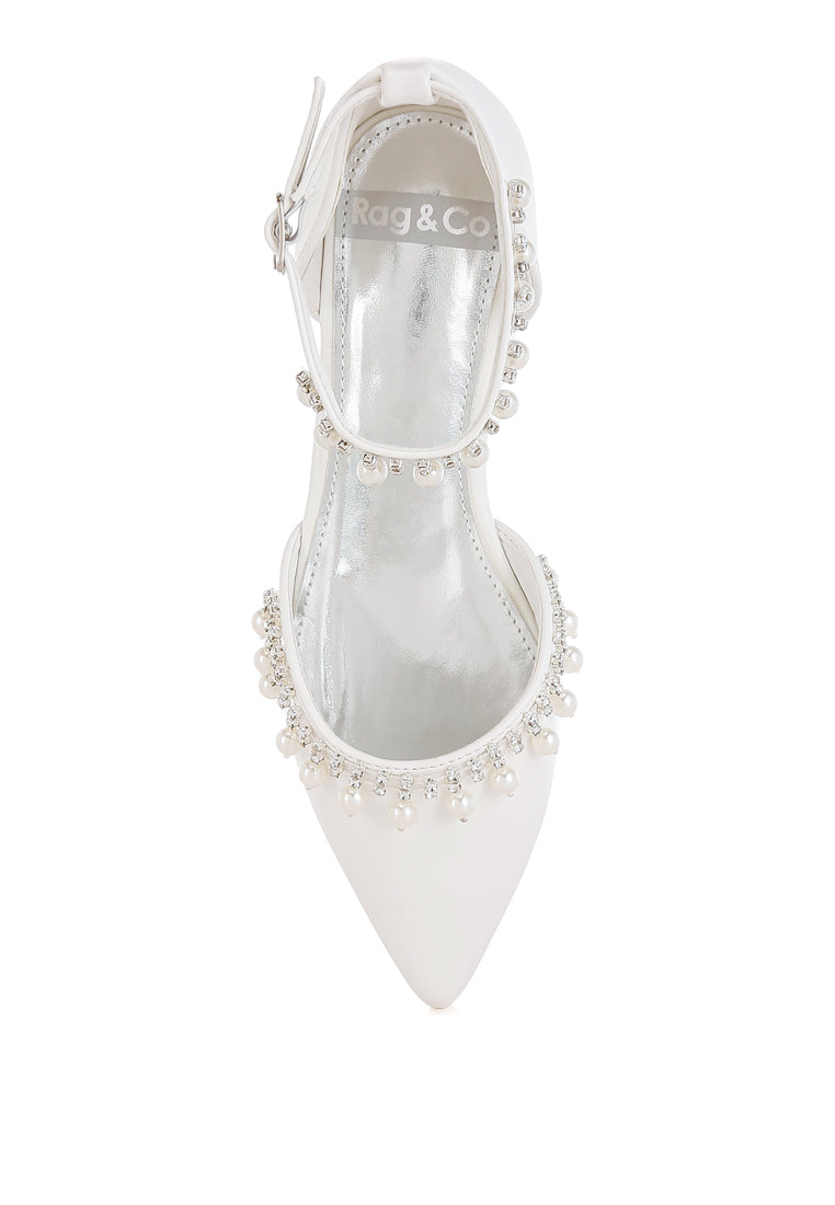 rhinestone & pearl ankle strap flat sandals by ruw#color_white