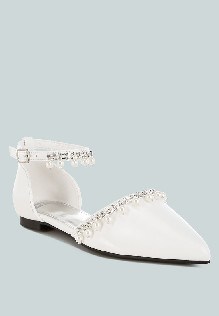 rhinestone & pearl ankle strap flat sandals by ruw#color_white