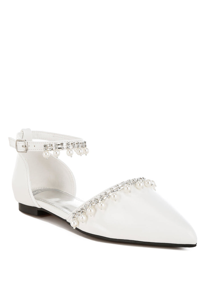 rhinestone & pearl ankle strap flat sandals by ruw#color_white