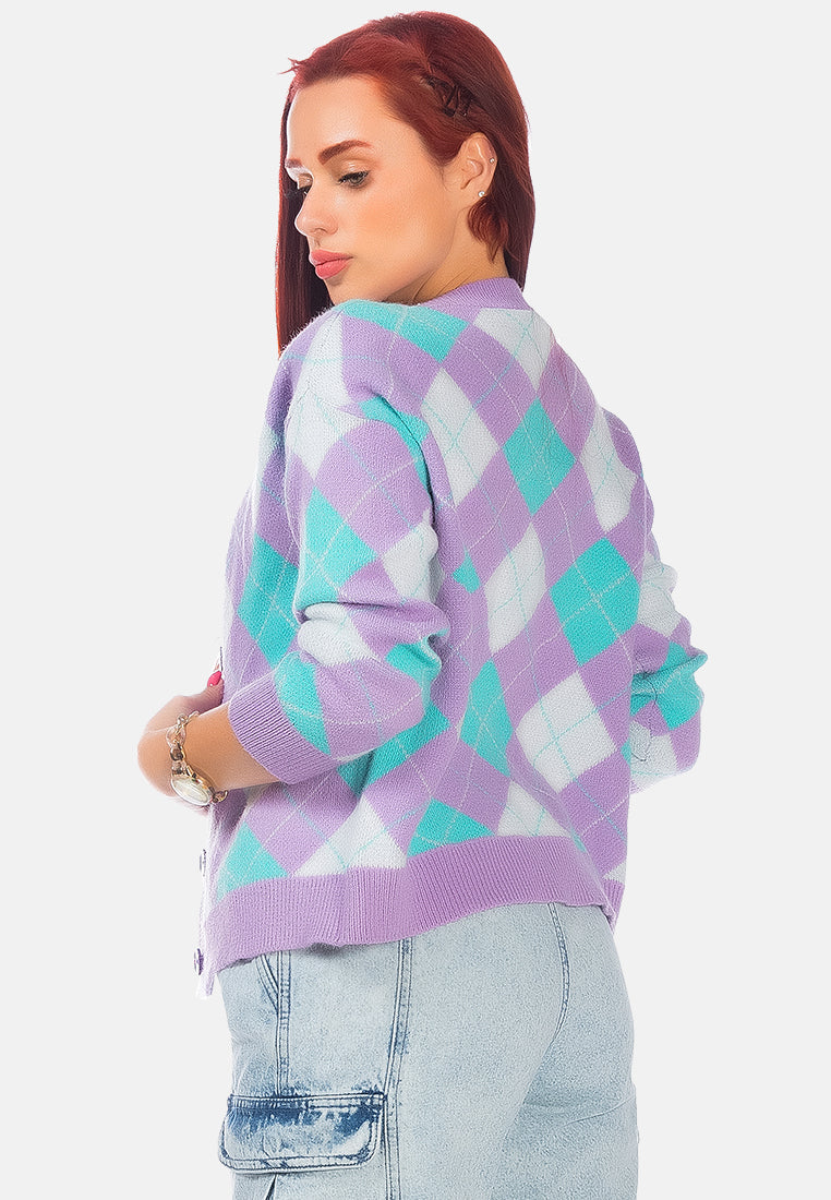 argyle checks full sleeve cardigan#color_purple