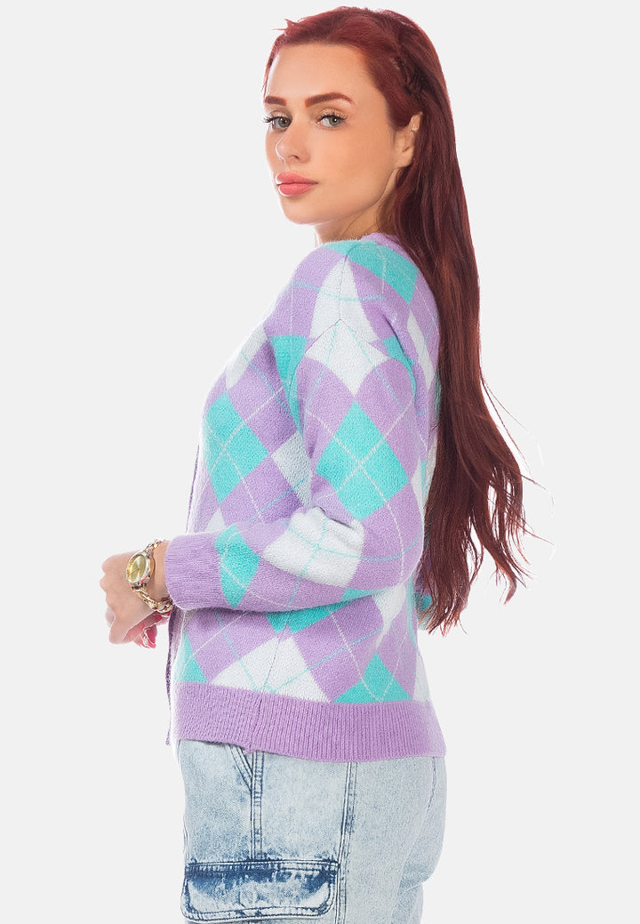 argyle checks full sleeve cardigan#color_purple