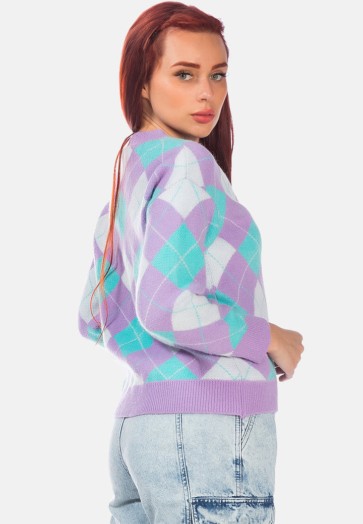 argyle checks full sleeve cardigan#color_purple