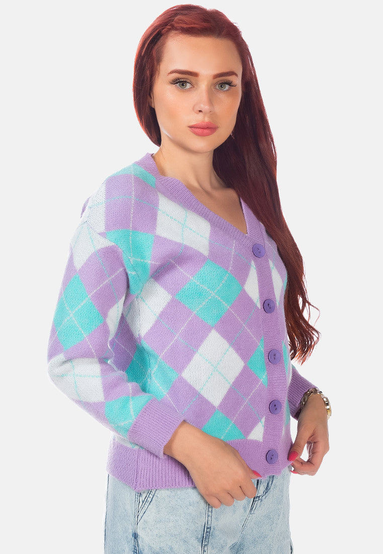 argyle checks full sleeve cardigan#color_purple