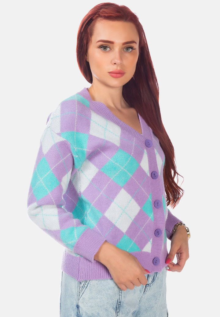 argyle checks full sleeve cardigan#color_purple