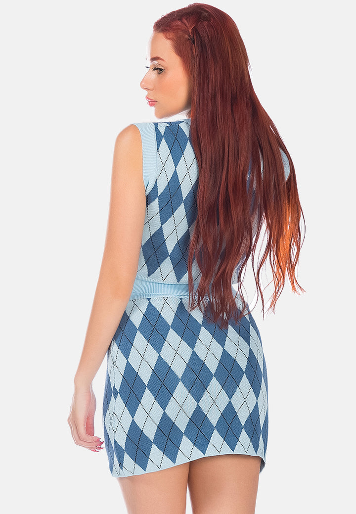 argyle checks knitted mini skirt#color_blue