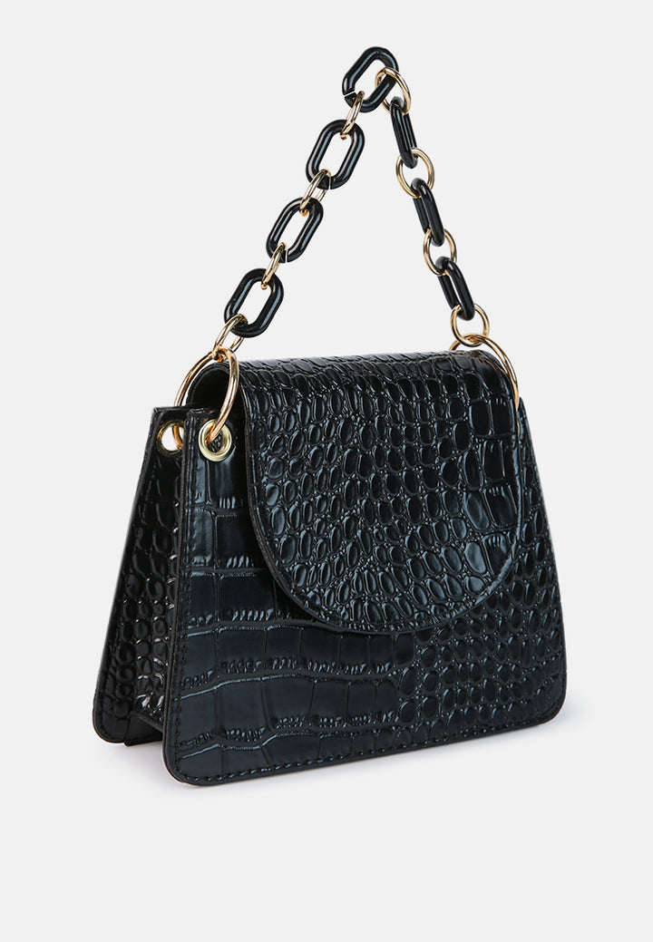 croc pattern crossbody sling bag#color_black