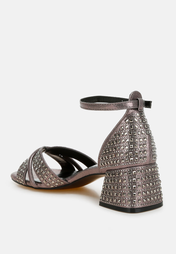 low block heel rhinestone sandals by ruw color_pewter