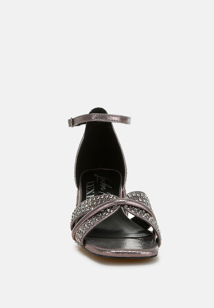 low block heel rhinestone sandals by ruw color_pewter