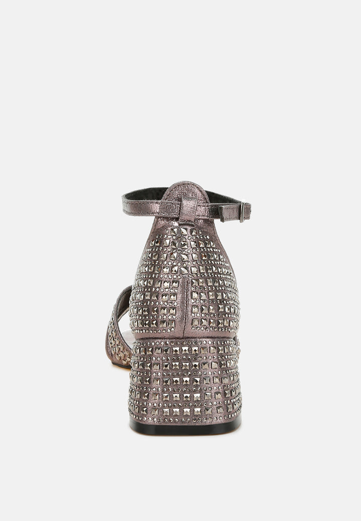 low block heel rhinestone sandals by ruw color_pewter