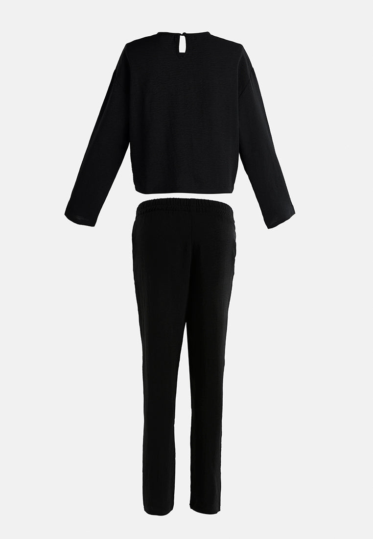 full sleeves top & fitted full pants coord set#color_black