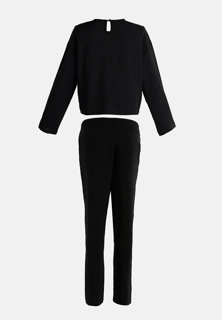 full sleeves top & fitted full pants coord set#color_black