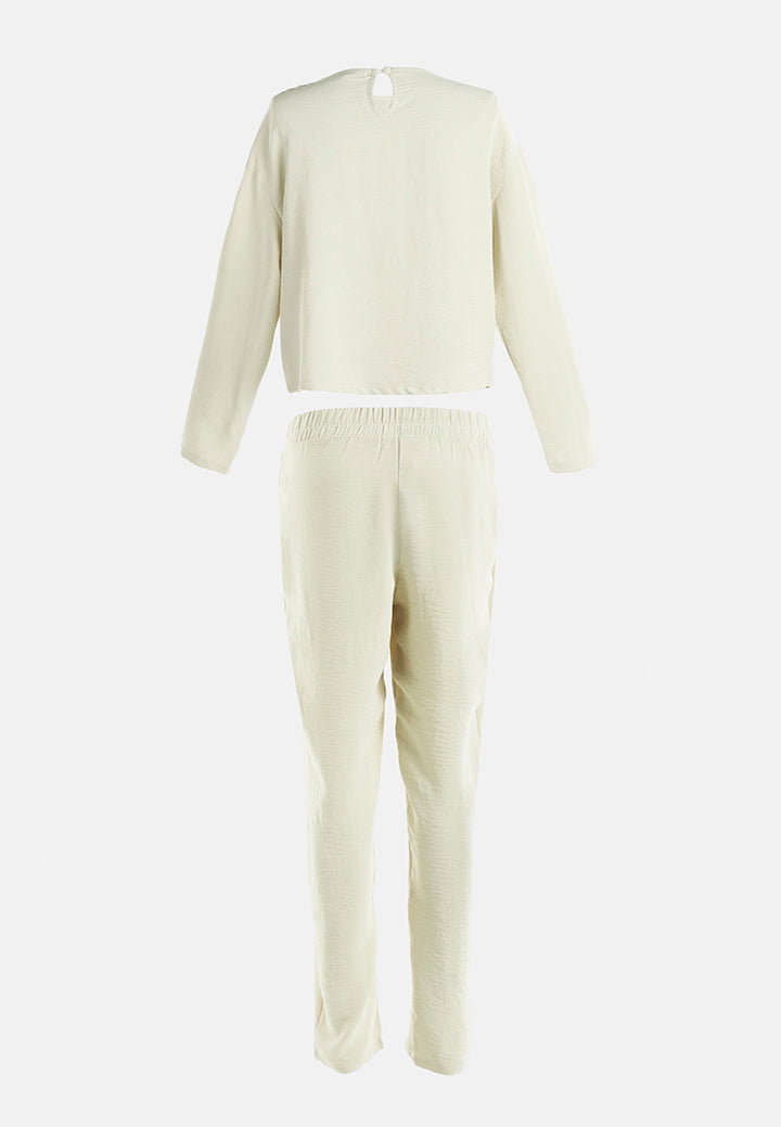 full sleeves top & fitted full pants coord set#color_cream