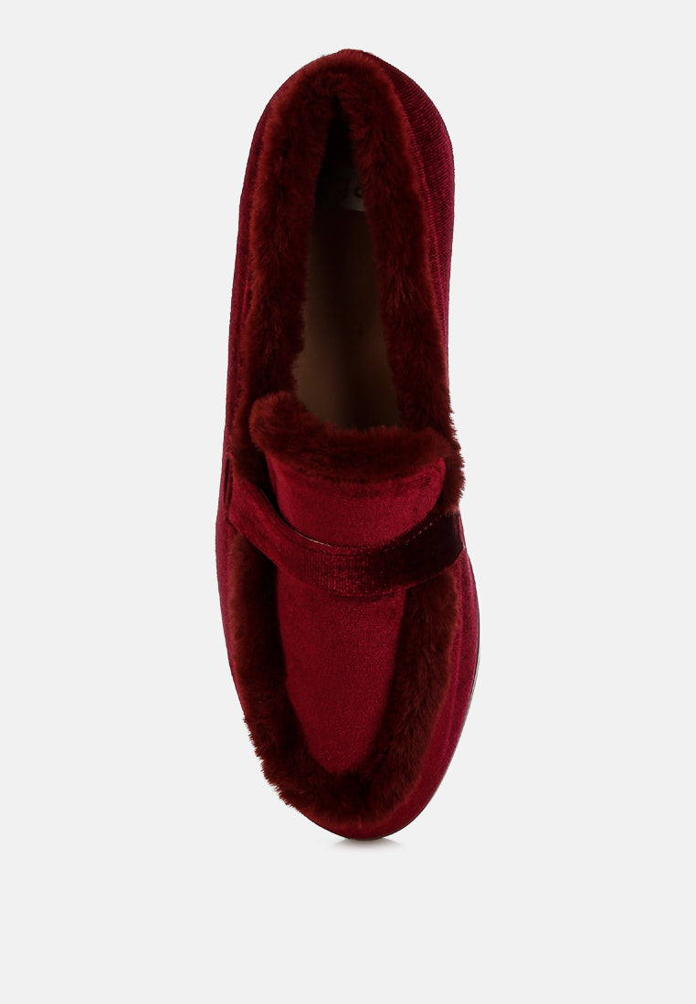 fur detail velvet loafers by ruw#color_burgundy