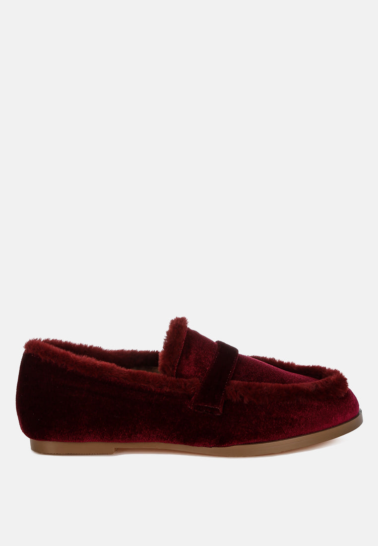 fur detail velvet loafers by ruw#color_burgundy