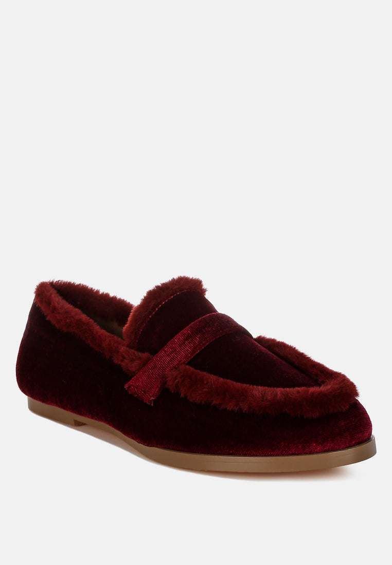 fur detail velvet loafers by ruw#color_burgundy