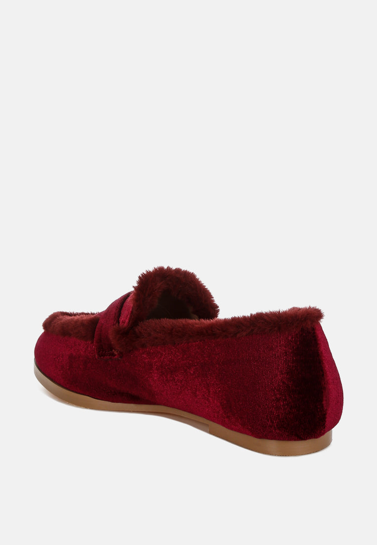 fur detail velvet loafers by ruw#color_burgundy