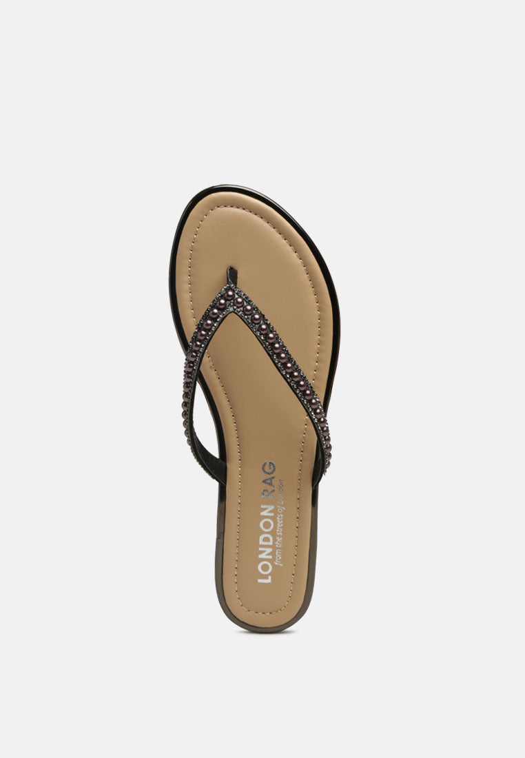 beaded strap thong flats#color_black