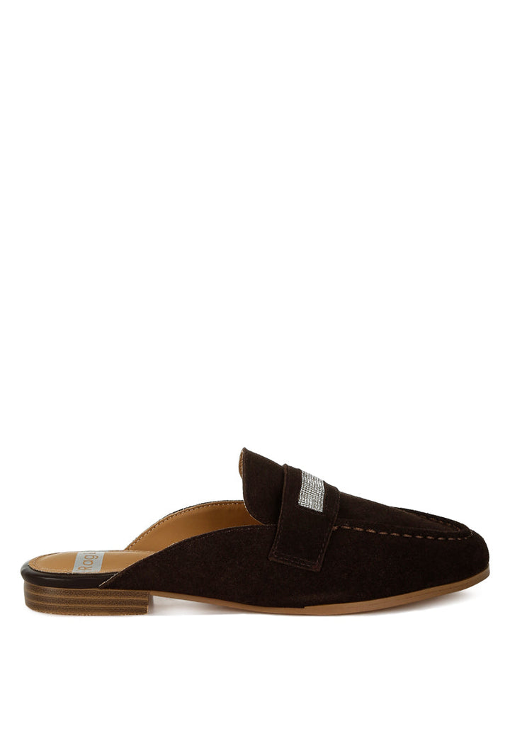 rhinestone strap suede mules by ruw#color_brown