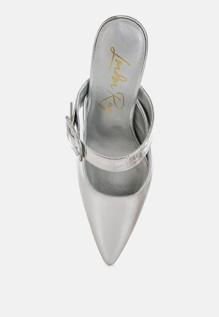 large buckle kitten heel mules by ruw#color_silver