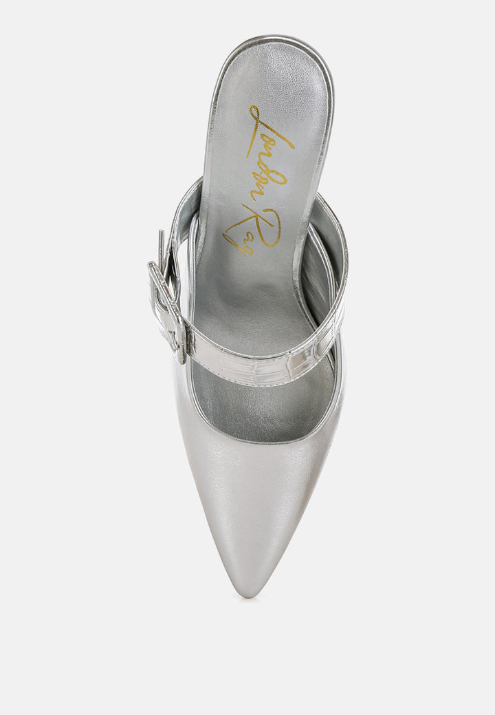 large buckle kitten heel mules by ruw#color_silver