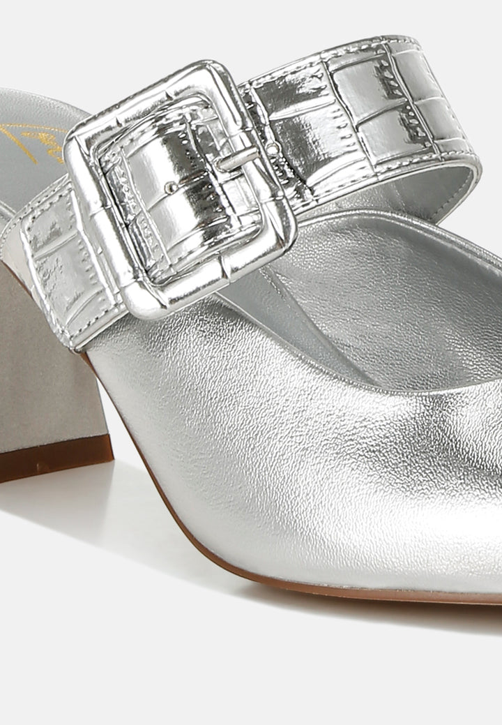 large buckle kitten heel mules by ruw#color_silver