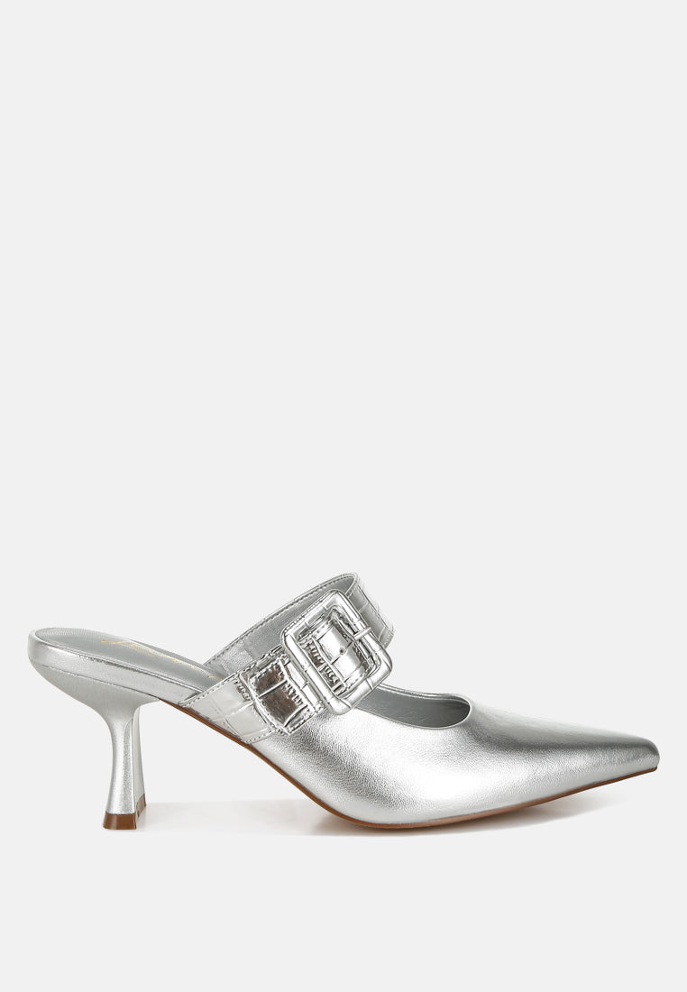 large buckle kitten heel mules by ruw#color_silver