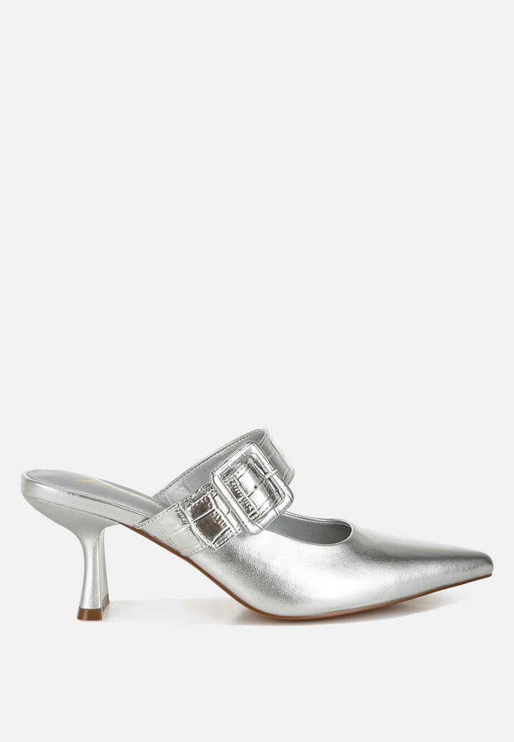 large buckle kitten heel mules by ruw#color_silver