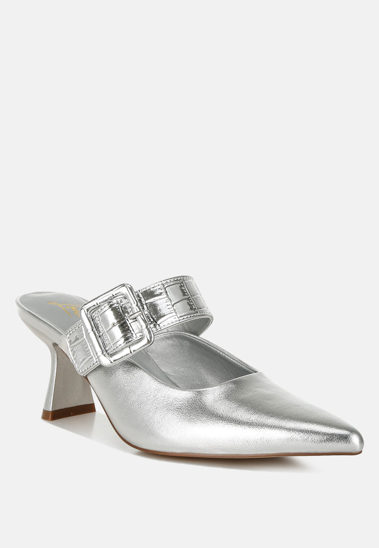 large buckle kitten heel mules by ruw#color_silver