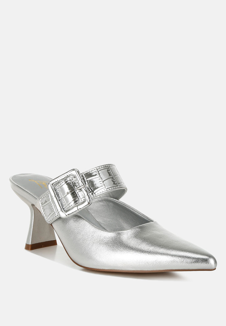 large buckle kitten heel mules by ruw#color_silver