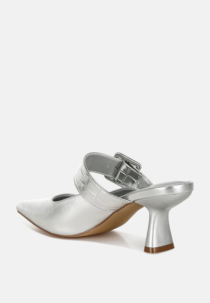 large buckle kitten heel mules by ruw#color_silver
