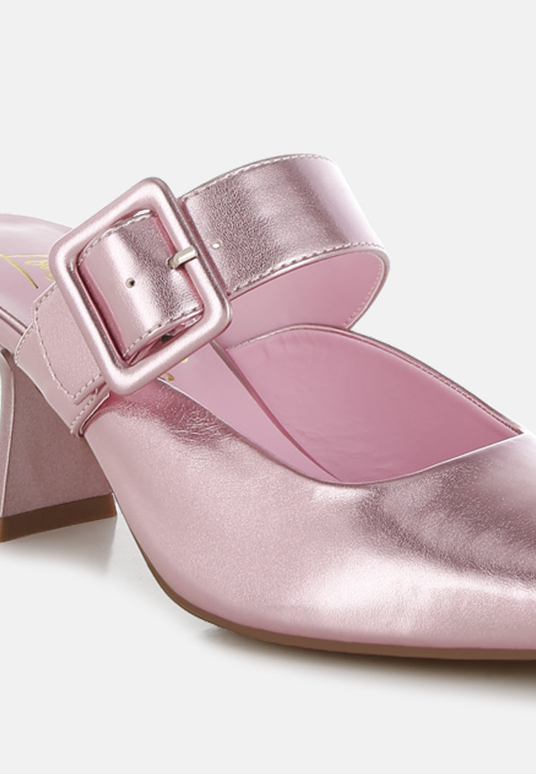 large buckle kitten heel mules by ruw#color_pink