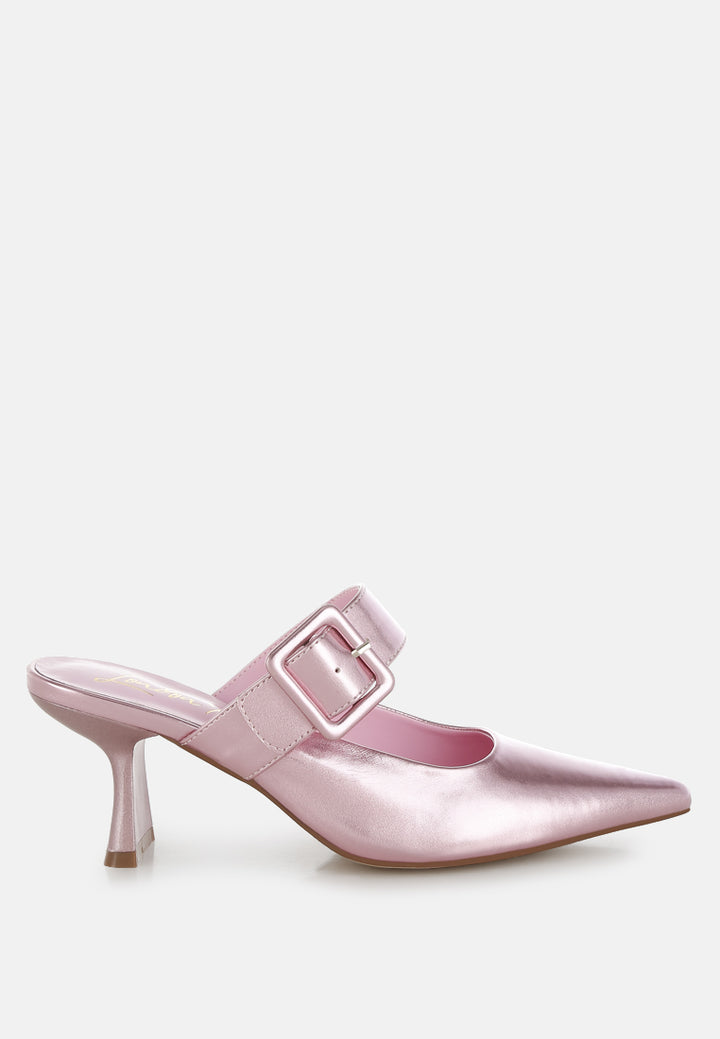large buckle kitten heel mules by ruw#color_pink