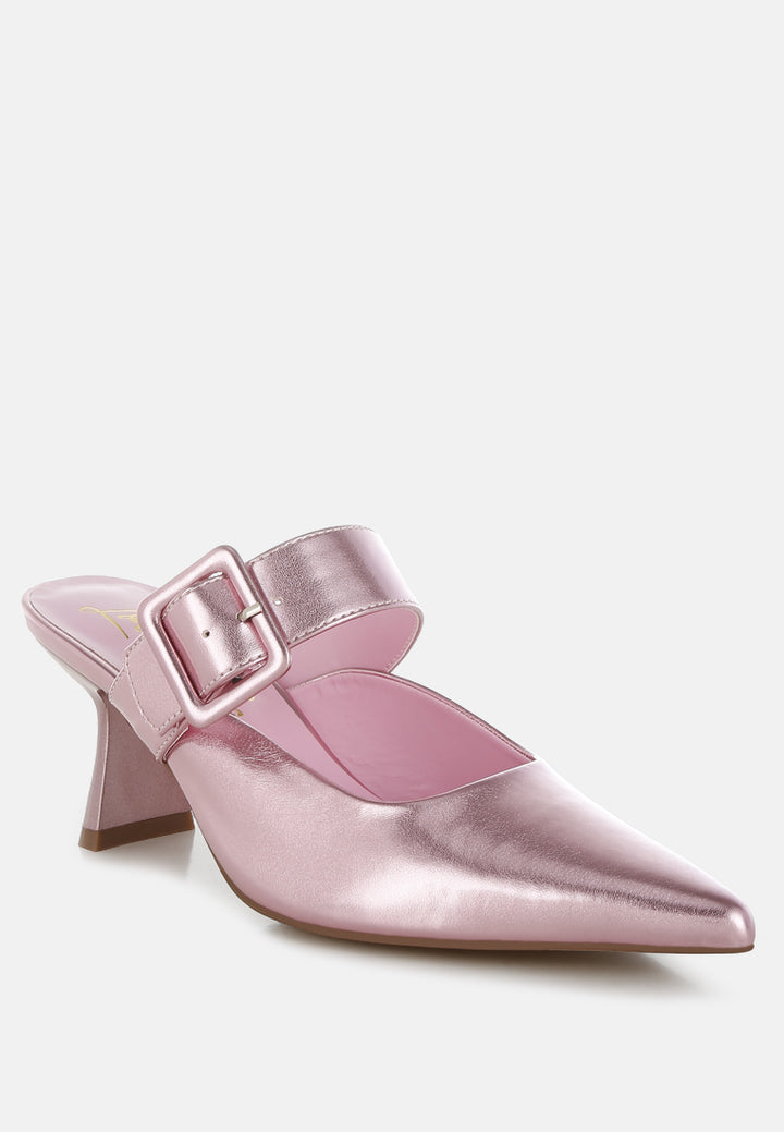 large buckle kitten heel mules by ruw#color_pink