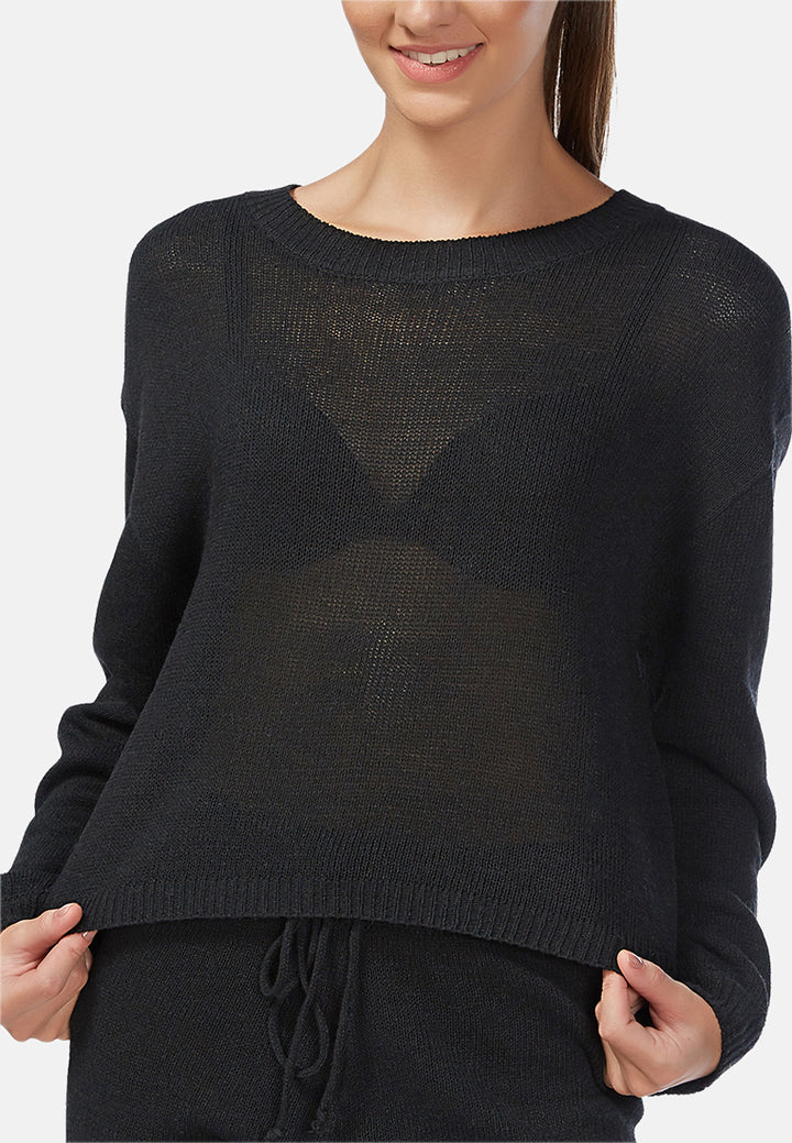 Crew Neck Long Sleeve Pullover#color_black