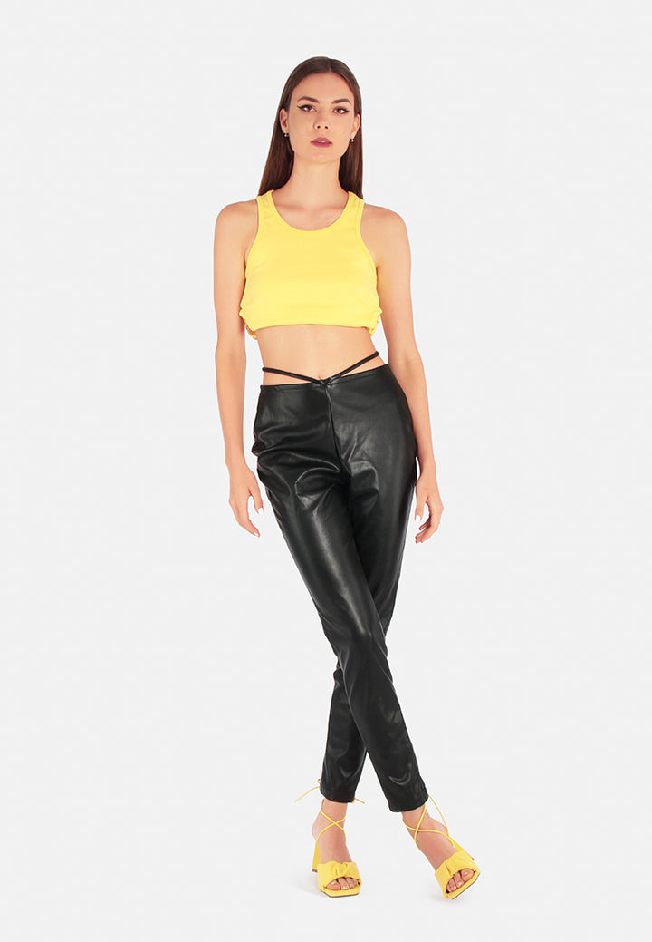 faux leather cut out waist pants#color_black