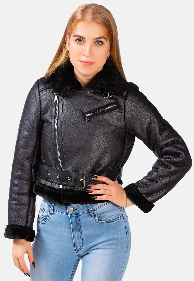 faux leather fur collared biker jacket#color_black