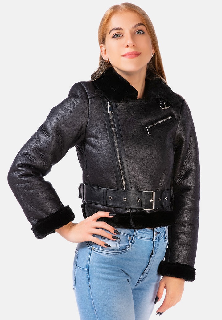 faux leather fur collared biker jacket#color_black